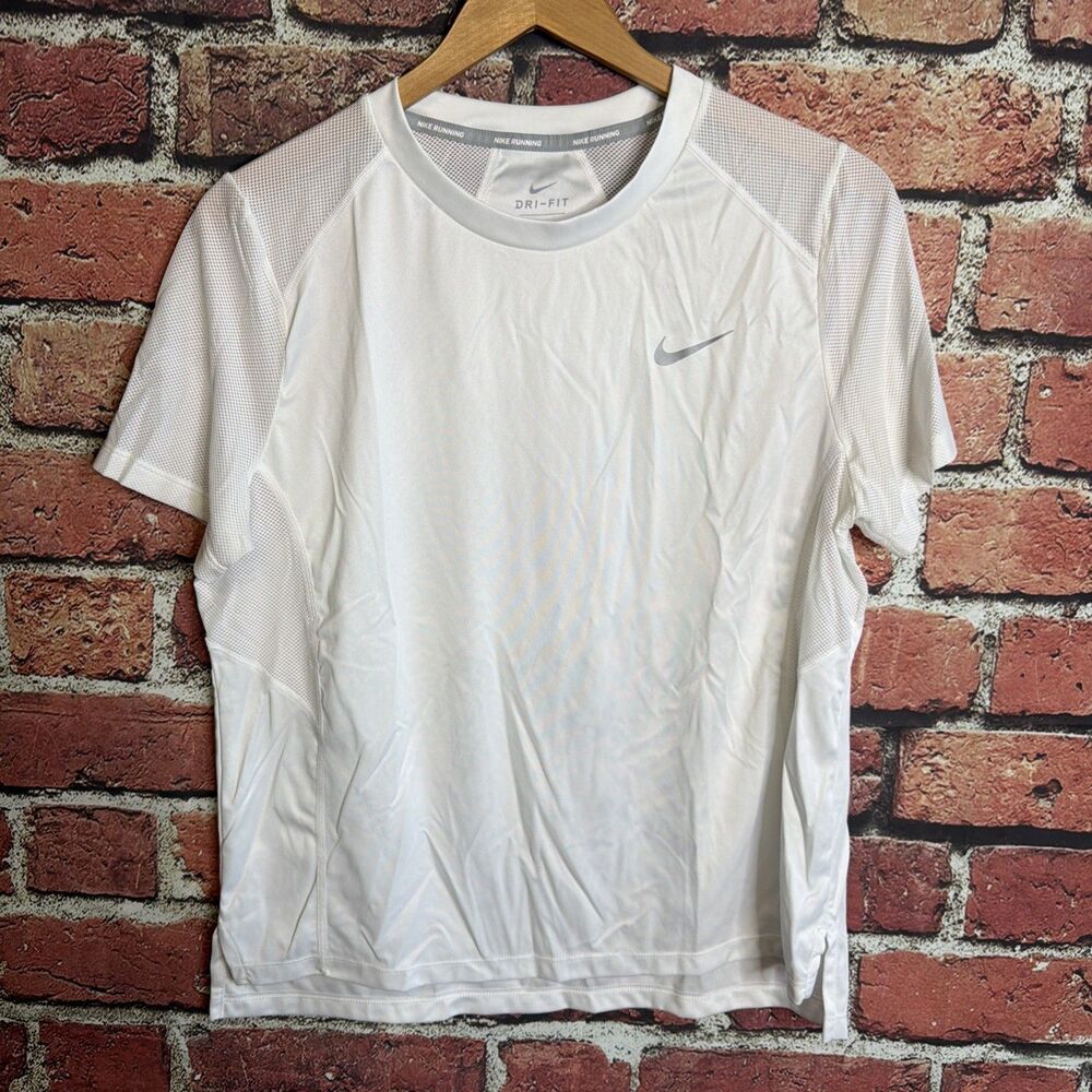 Nike Miler Running T-Shirt Womens L White Dri-Fit Swoosh Logo Breathable Mesh